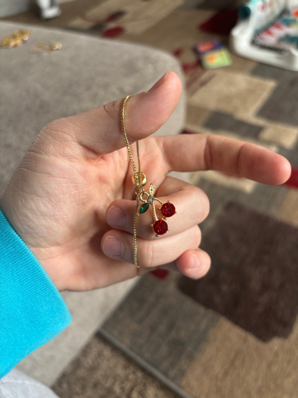 Gold Cherry Pendant bracelet with Red Crystal Charms